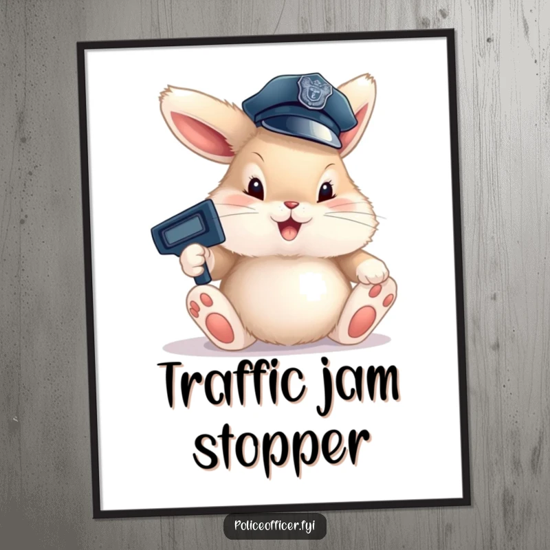Funny Bunny Cop Poster featuring a fluffy bunny in a small police hat, happily directing traffic with oversized paws, creating joyful wall art.