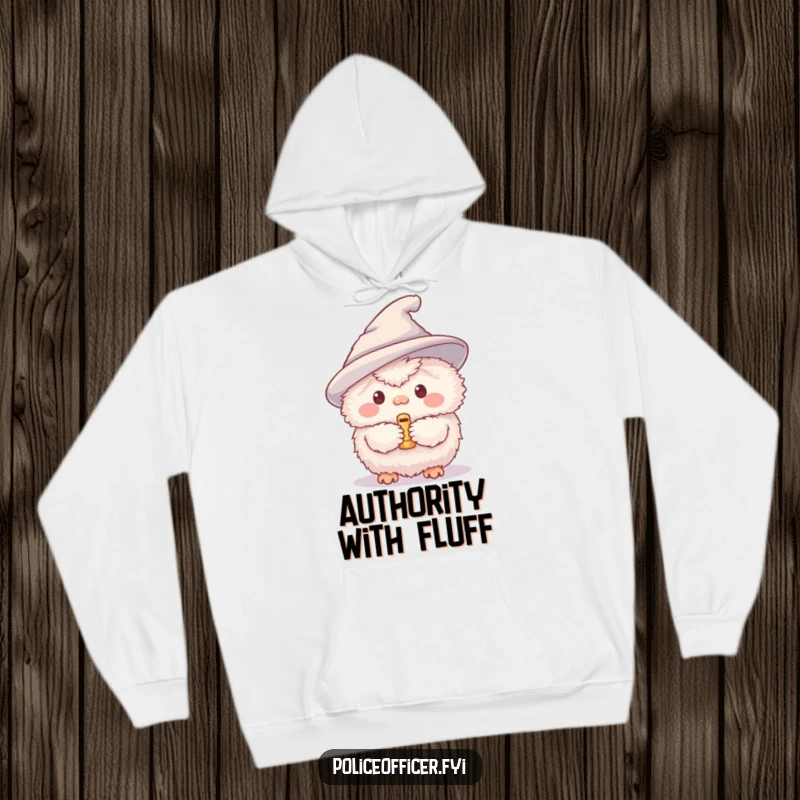Funny hoodie with a fluffy creature sporting a little hat and blowing a tiny whistle, perfect for cozy, humorous moments.