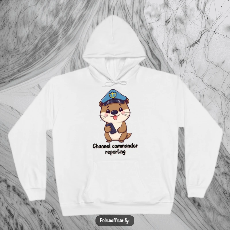 Funny otter police officer in a hat, holding a remote, looking cheerful and cozy in this warm hoodie.