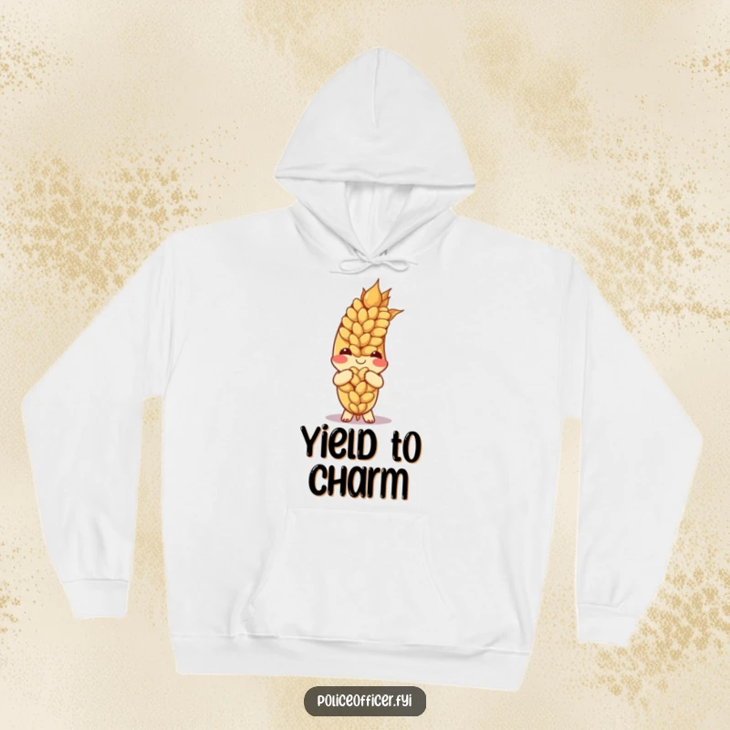 Funny ear of wheat character bowing gently on a soft hoodie, offering a cozy and cheerful vibe.