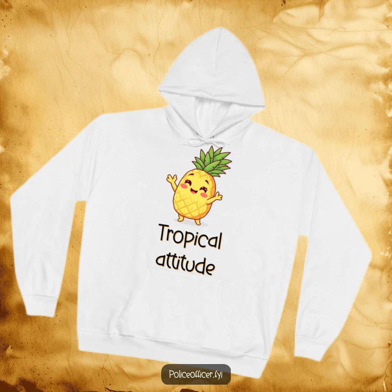Funny pineapple character in a playful pose on a soft, warm hoodie, ideal for casual wear.