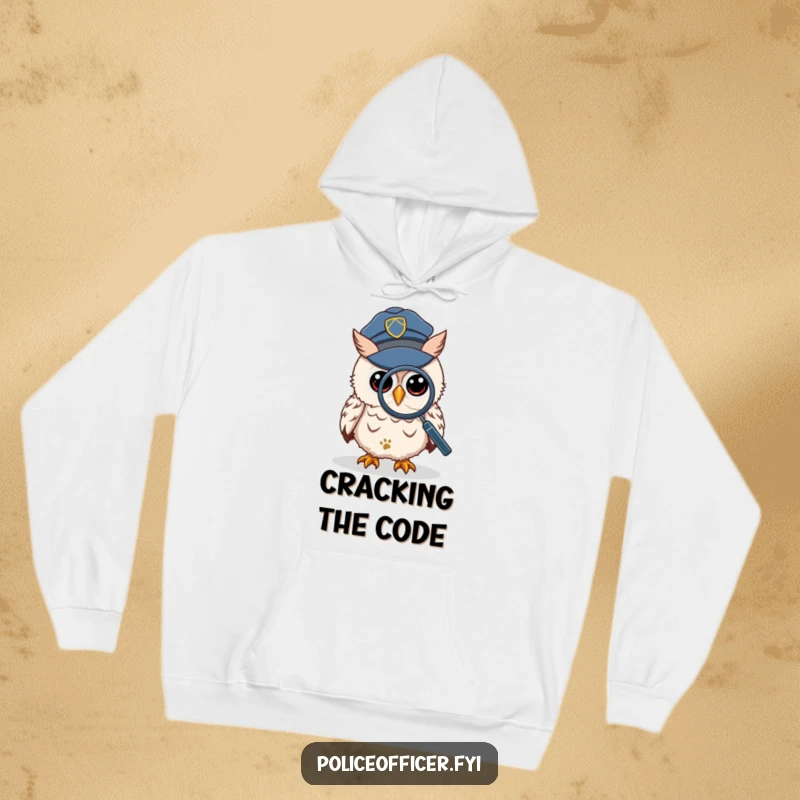 Funny Hoodie depicting a wise owl in a police cap, peering through a magnifying glass at a tiny footprint, ready for a warm deduction.
