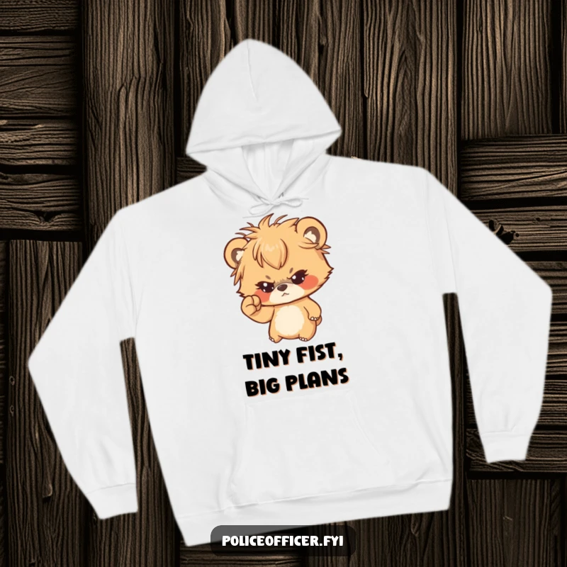 Funny hoodie featuring a determined bear cub with messy hair shaking a tiny fist, exuding cozy yet fierce energy.
