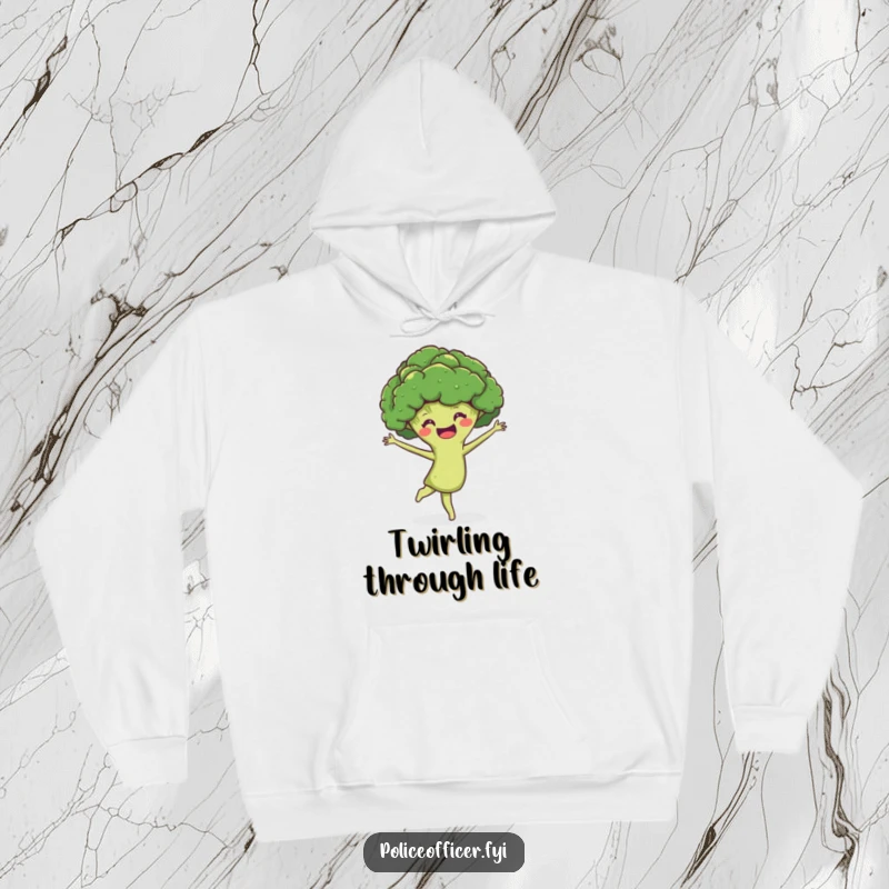 Funny Hoodie: A smiling broccoli head performing a joyful pirouette, offering hilarious comfort and a wonderfully energetic vibe.