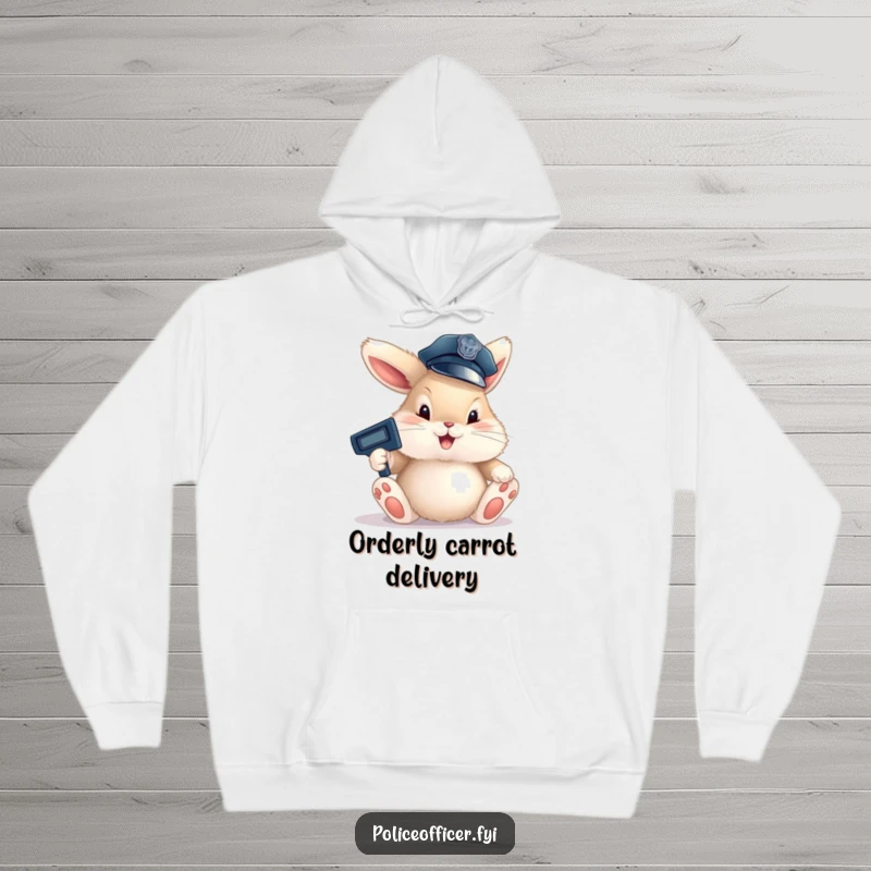 Funny Bunny Cop Hoodie displaying a fluffy bunny in a tiny police hat, joyfully directing traffic with oversized paws, exuding adorable authority.