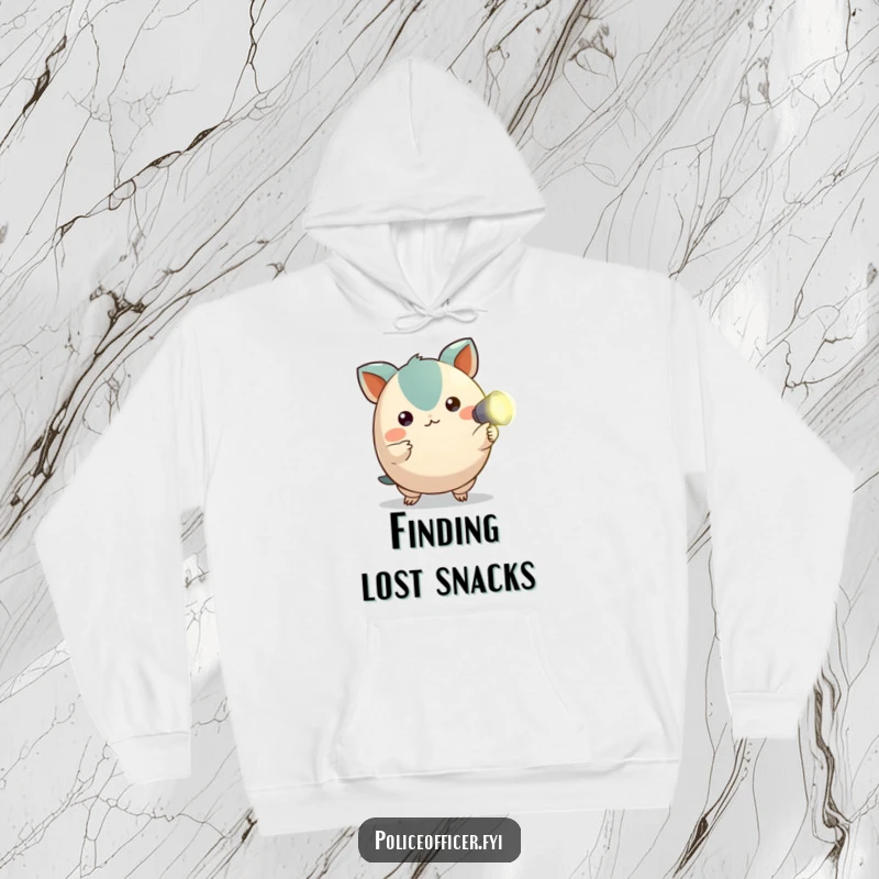Funny hoodie with a round creature sporting alert ears and pointing a tiny flashlight, ideal for cozy explorations.