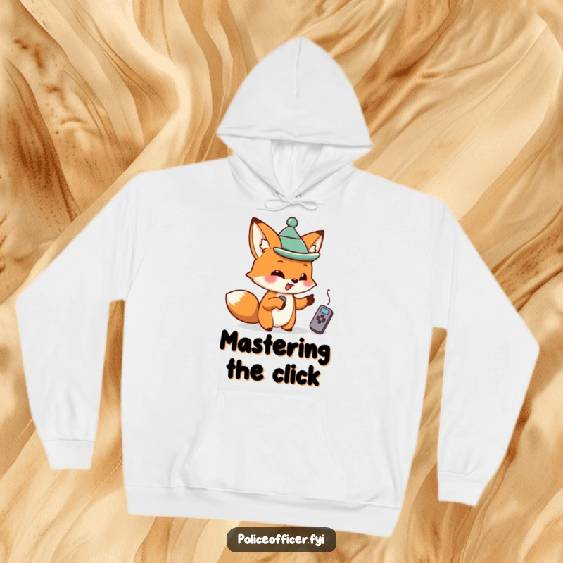 Mischievous fox wearing a small hat, pointing at a remote, featured on a comfortable and funny hoodie.