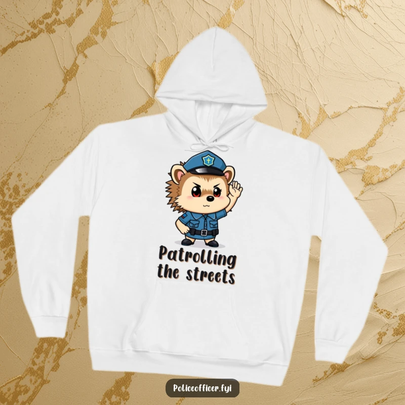 Funny hedgehog police officer hoodie: a small, determined law enforcer saluting bravely in a warm pullover.