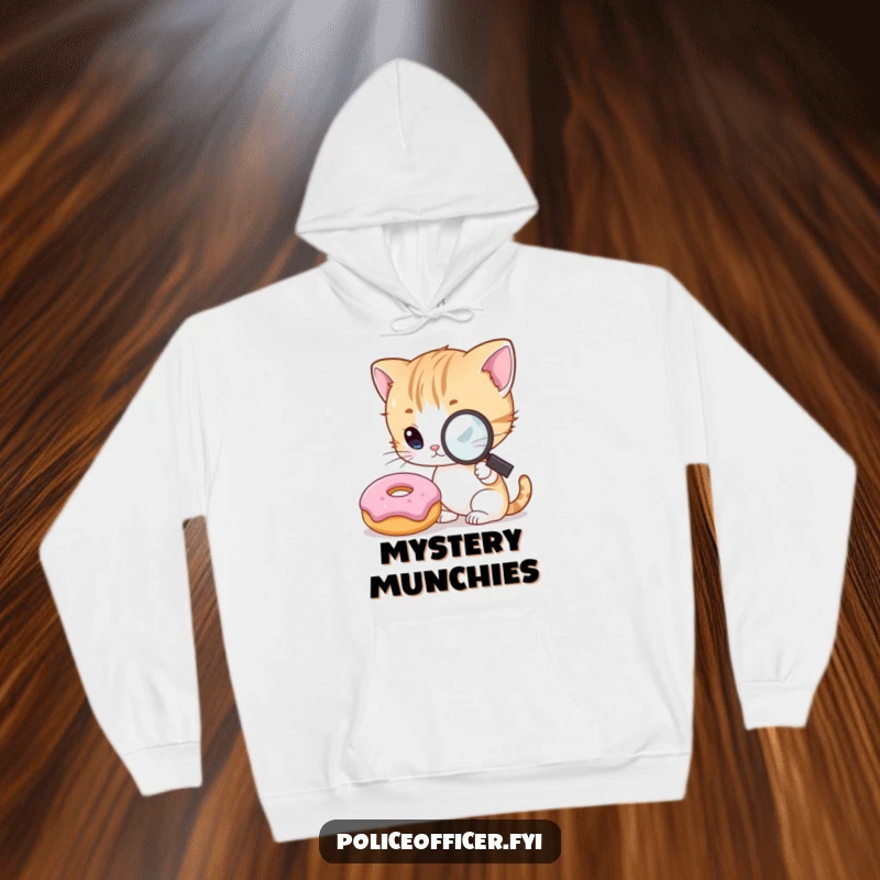 Funny Kitten Detective Hoodie displaying a curious kitten with a magnifying glass, intensely examining a smiling donut, exuding playful curiosity.