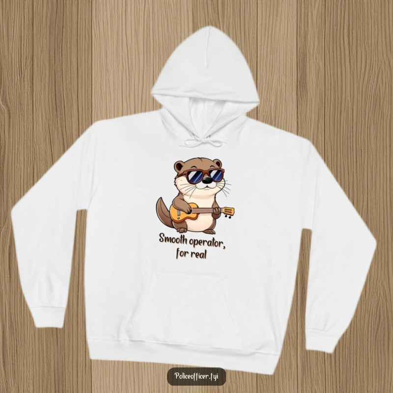 Funny hoodie featuring a cool otter wearing shades and a confident smirk, playing a miniature instrument in total style.