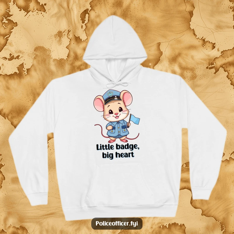 Funny smiling mouse police officer hoodie, holding a small flag, cozy and proud, humorous design.