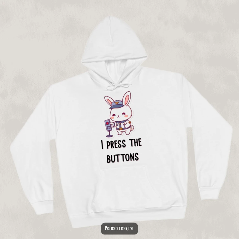 Playful rabbit in a uniform pressing a remote button with joy, featured on a comfortable and funny hoodie.