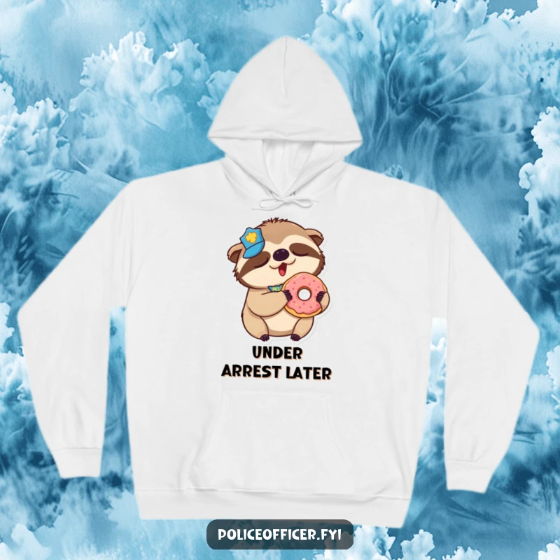 Funny Sloth Police Hoodie: Soft and warm, depicting a yawning sloth police officer holding a tempting donut.