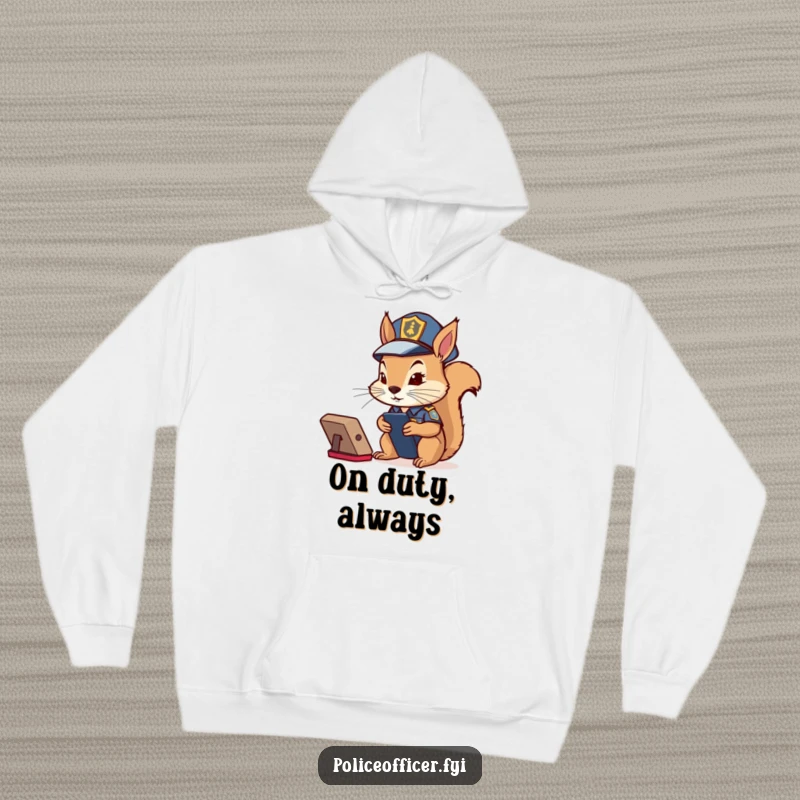 Funny Squirrel Cop Hoodie: Determined squirrel in police costume intently watching a remote control, perfect for cozy stakeouts.