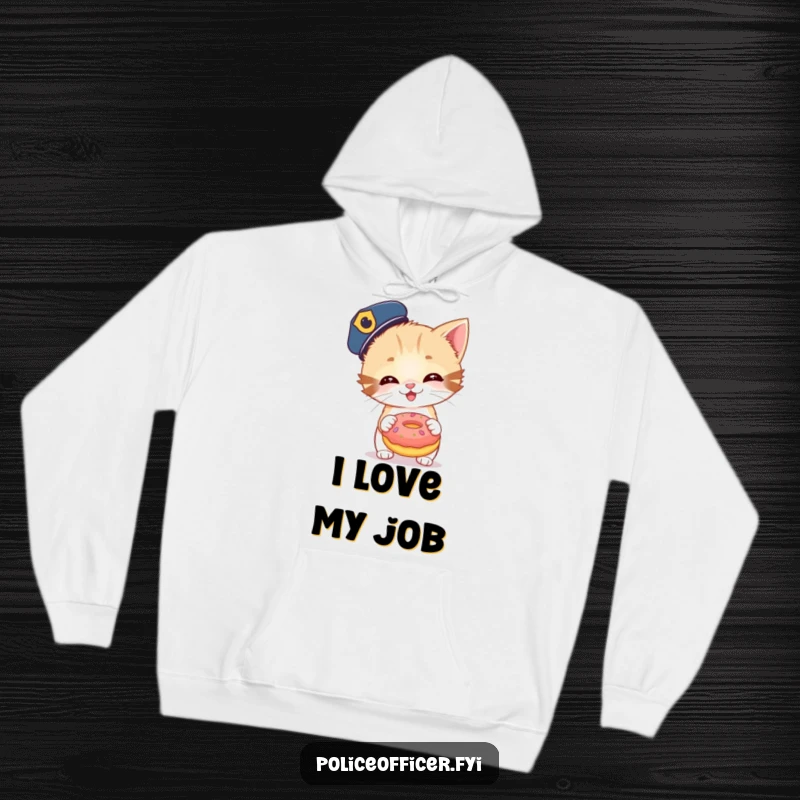 Funny hoodie featuring a playful kitten in a police cap holding a huge donut, looking ready to pounce. A cozy and humorous apparel.