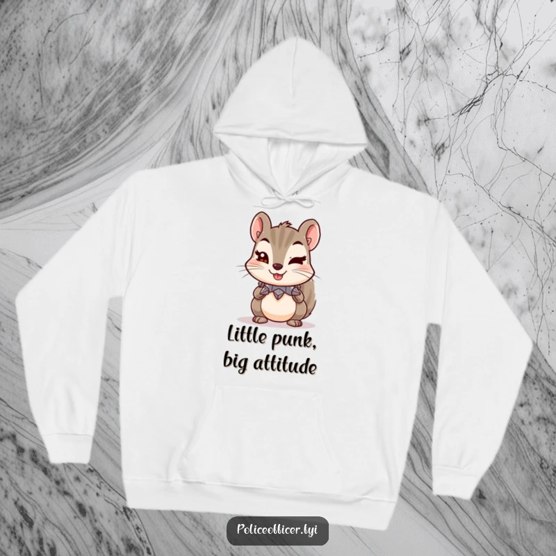 Funny hoodie featuring a mischievous squirrel with a tiny spiked collar and a cheeky wink, radiating cool and playful energy.