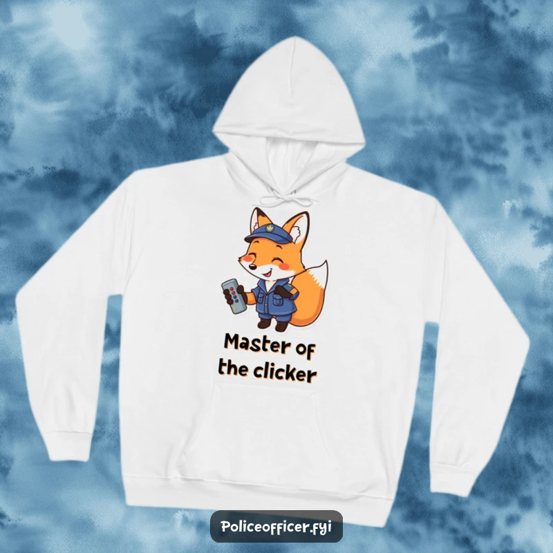 Funny Fox Hoodie: Smiling uniformed fox holding a remote, exuding comfort and comedic authority, perfect streetwear.