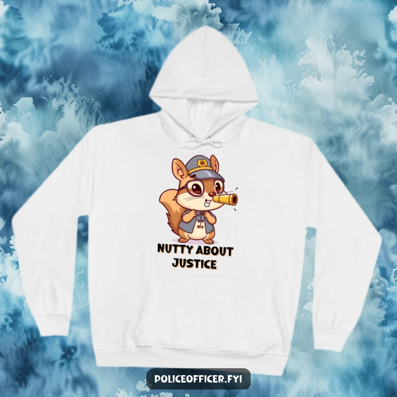 Funny hoodie showing an energetic squirrel police officer blowing a miniature whistle, radiating enthusiasm and warmth.