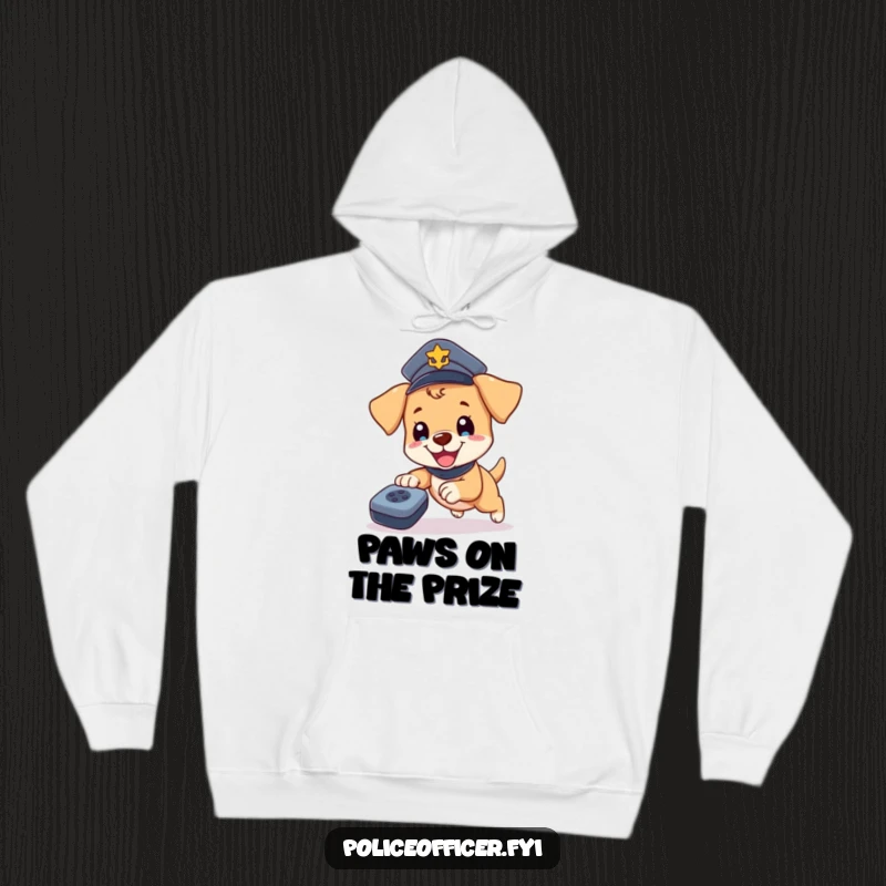 Funny Puppy Cop Hoodie: Happy puppy wearing a police hat, chasing a remote, showcasing warmth, comfort, and canine chaos.