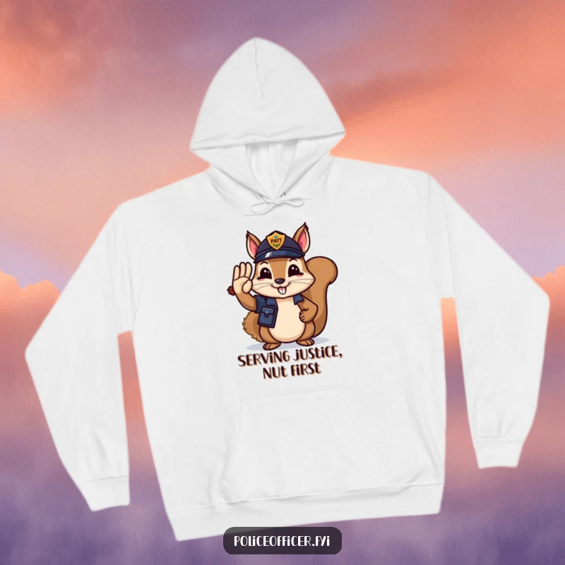 Funny Hoodie: A happy squirrel police officer giving a smart salute with an acorn, embodying cheerful duty.