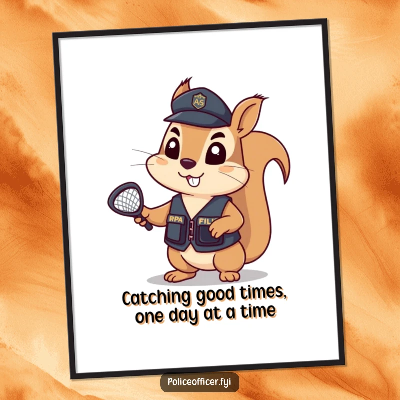 Funny Free Printable Wall Art depicting a determined squirrel in a police vest, holding a net, humorously on patrol for smiles and good times.