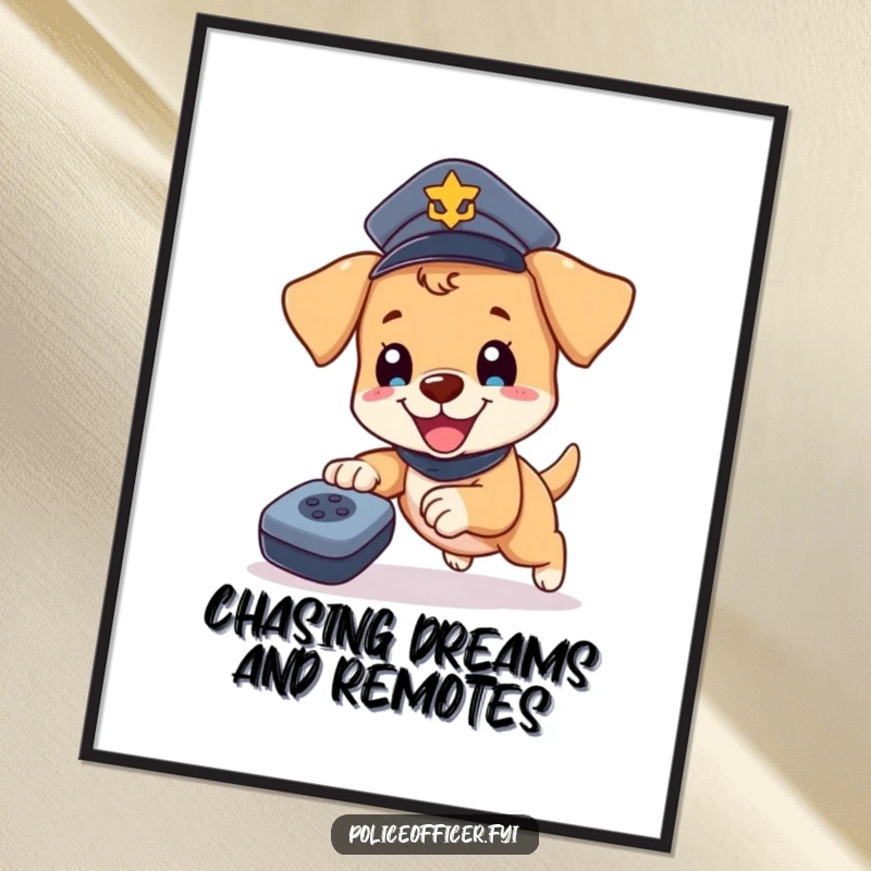 Funny Free Printable Wall Art: A cute puppy in a police hat gleefully chasing a remote control.