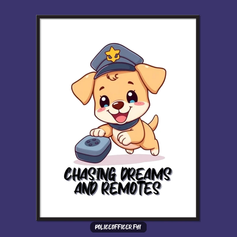 Funny Free Printable Wall Art: Puppy Cop Remote Chase - Downloadable Decor