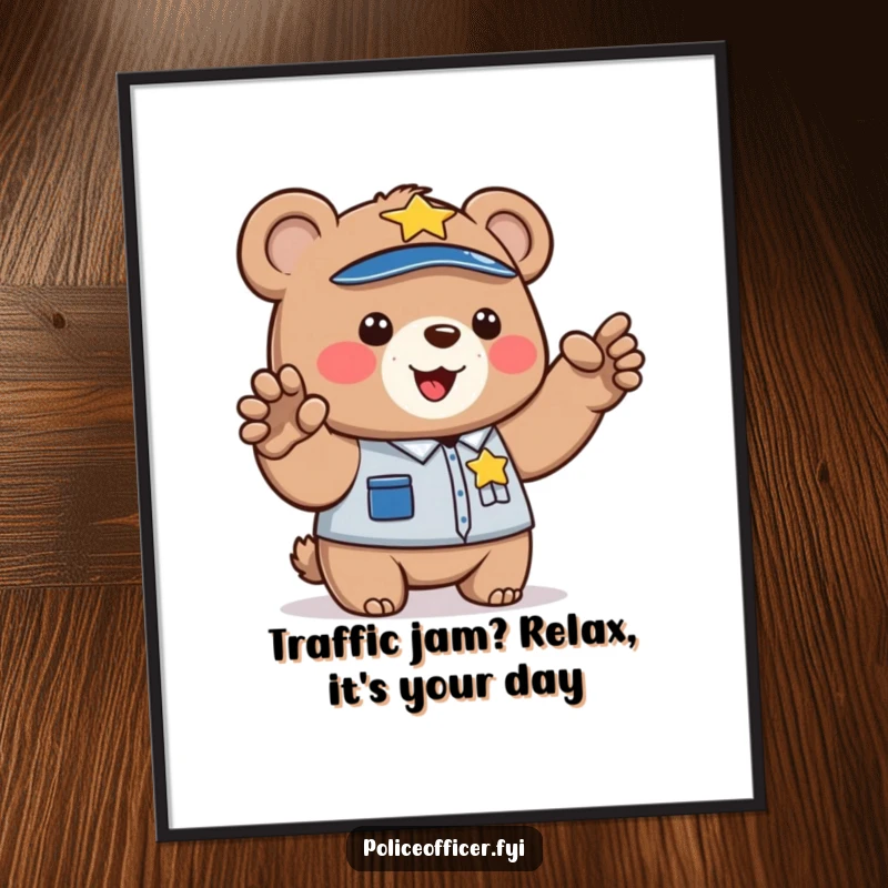 Funny Free Printable Wall Art: A bear cub in a police uniform directs traffic with a paw, a charming downloadable art.