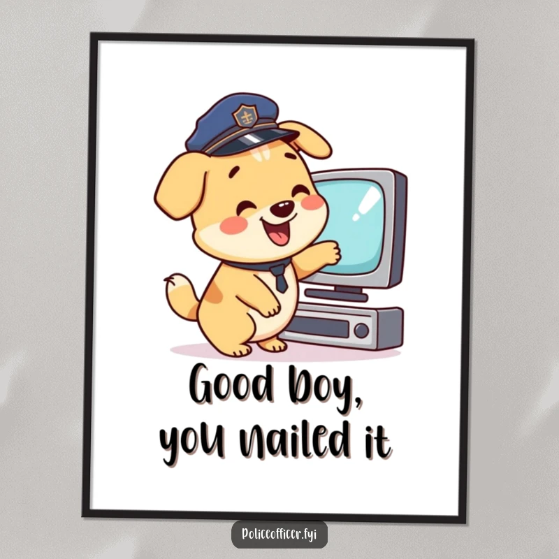 Funny Free Printable Wall Art: A happy dog in a police hat wags tail, points at TV screen, full of cheer.