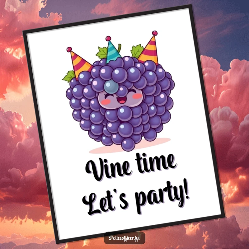 Funny free printable wall art of a bunch of smiling grapes wearing tiny party hats and celebrating with infectious joy.