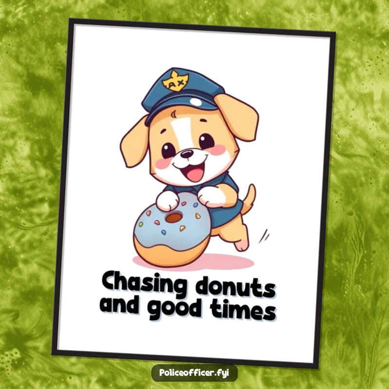 Funny Free Printable Wall Art: A happy puppy wearing a police uniform playfully chases a rolling donut in this amusing artwork.