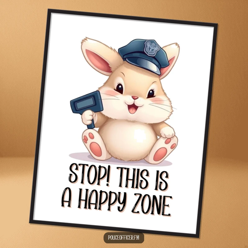 Funny Free Printable Wall Art of a fluffy bunny police officer in a tiny hat, joyfully directing traffic with disproportionately large paws.