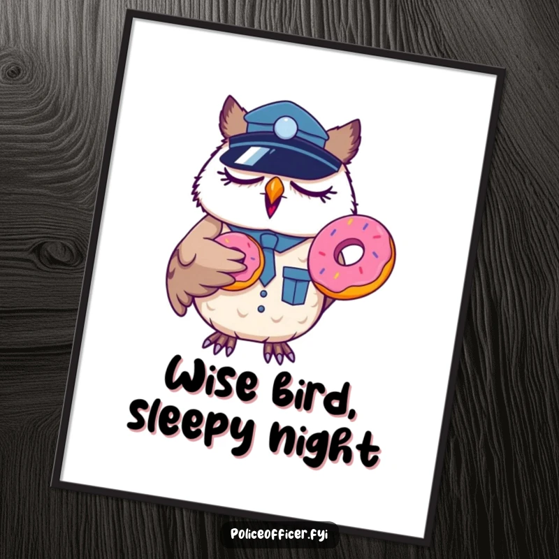 Funny Free Printable Wall Art: Sleepy owl police officer yawning with a donut, wearing a police cap.