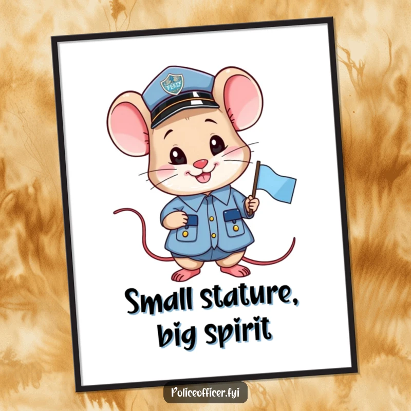 Funny Free Printable Wall Art: Smiling mouse police officer in uniform holding a small flag.