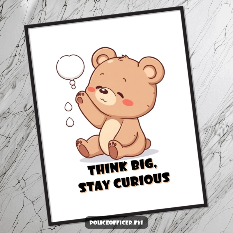 Funny Free Printable Wall Art: A curious bear cub reaching for a dangling thought bubble, tilt head, adorable and humorous.