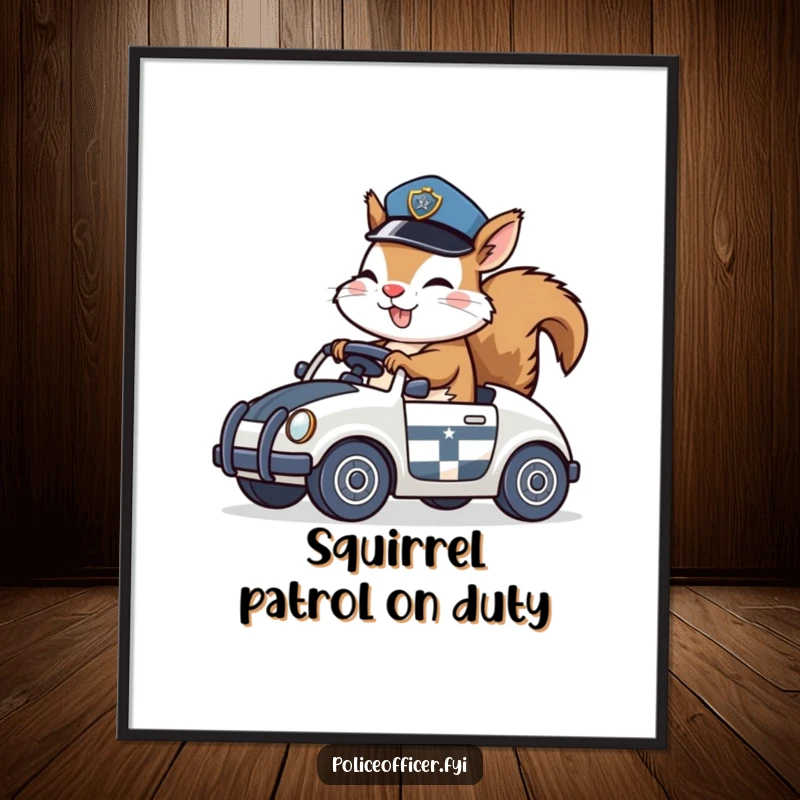 Funny Free Printable Squirrel Policeman Wall Art: A giggling squirrel officer in a hat speeds in a toy car, adding humor.