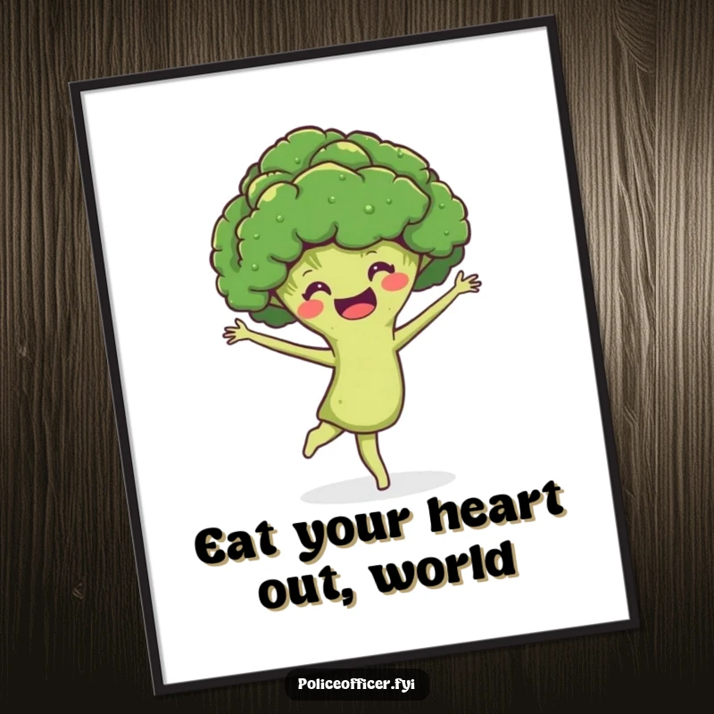 Funny Free Printable Wall Art: A smiling broccoli head performing a joyful and elegant pirouette, adding a touch of whimsy.