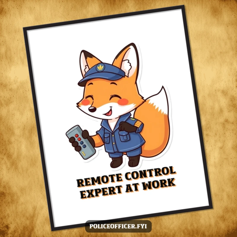 Funny Free Printable Wall Art: Uniformed fox with a remote, signaling relaxation and good times.
