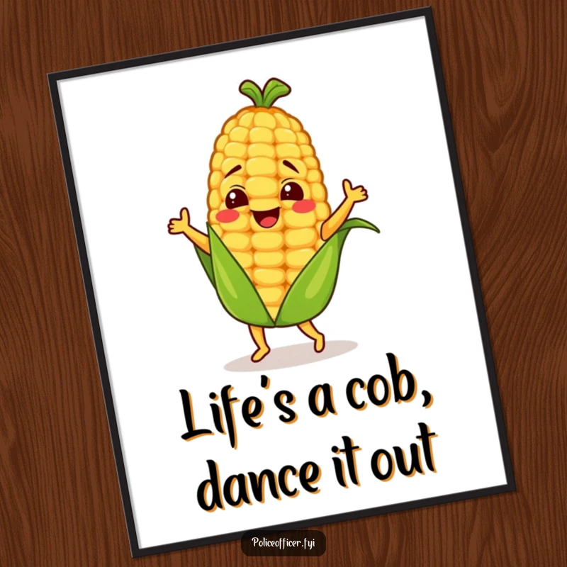 Funny Free Printable Wall Art: A cartoon corn cob character enthusiastically doing a silly, joyful dance, ready to hang.
