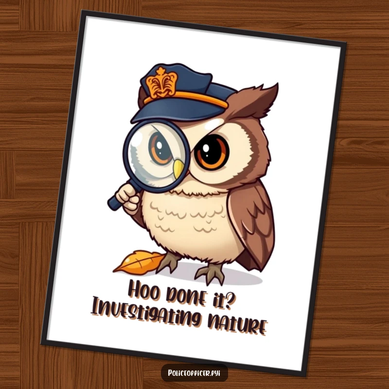 Funny Free Printable Wall Art: An owl police officer squinting intensely with a magnifying glass at a fallen leaf.