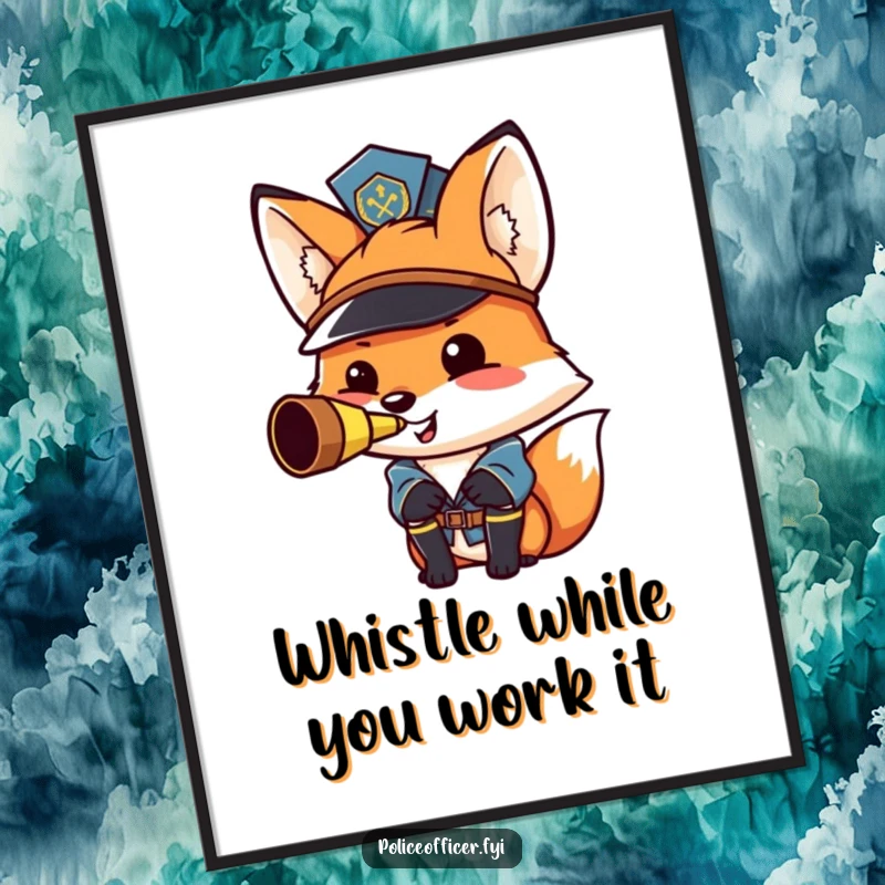 Funny Free Printable Wall Art: A smiling fox wearing a hat blows a whistle with pride, exuding a humorous sense of authority.