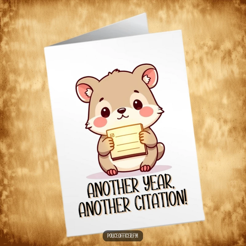 Funny Free Printable Birthday Card: Small animal with a serious face holds a glowing citation pad, ready for birthday fun.