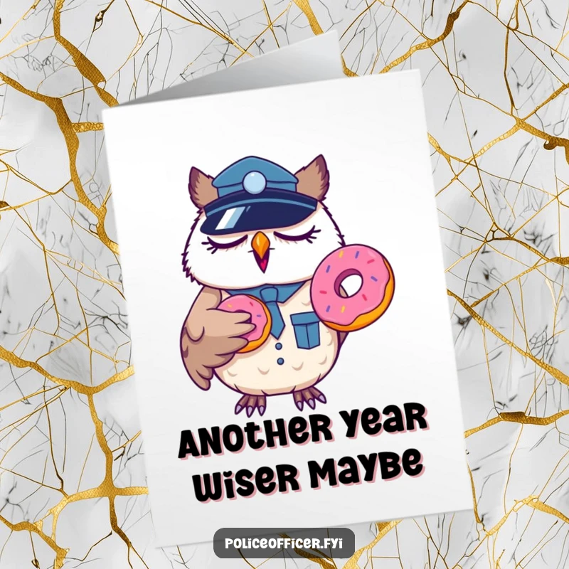 Funny Free Printable Birthday Card: Sleepy owl police officer with a donut, yawning widely, wearing a uniform.