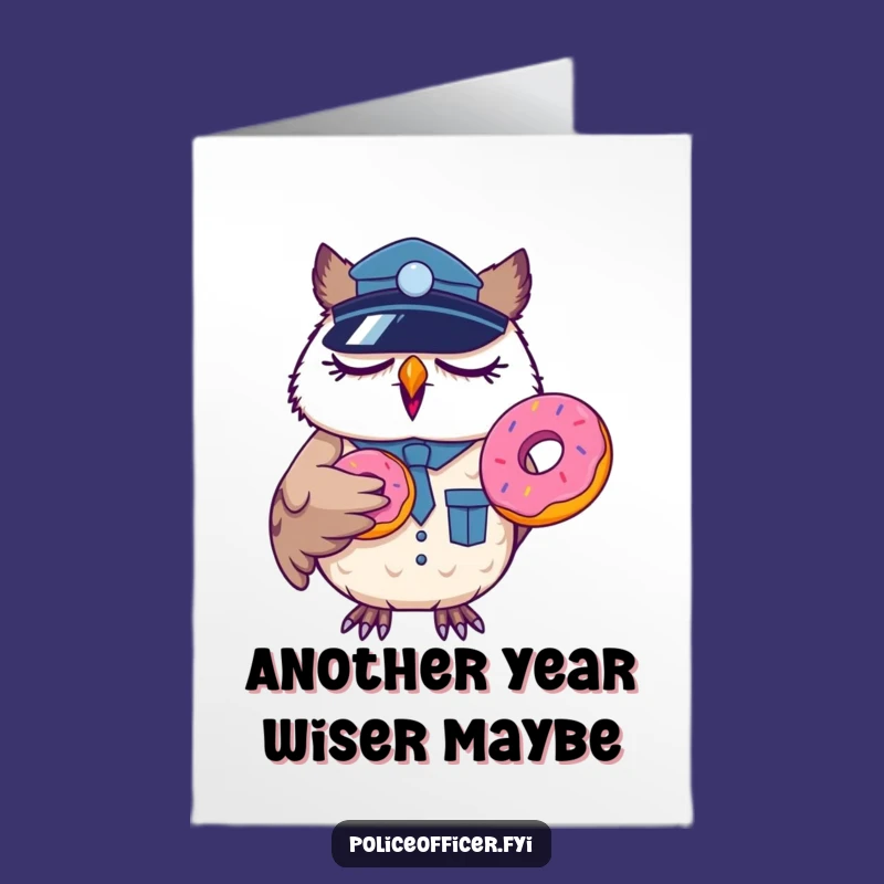 Free Printable Funny Birthday Card: Sleepy Owl Cop Donut Yawn Greeting