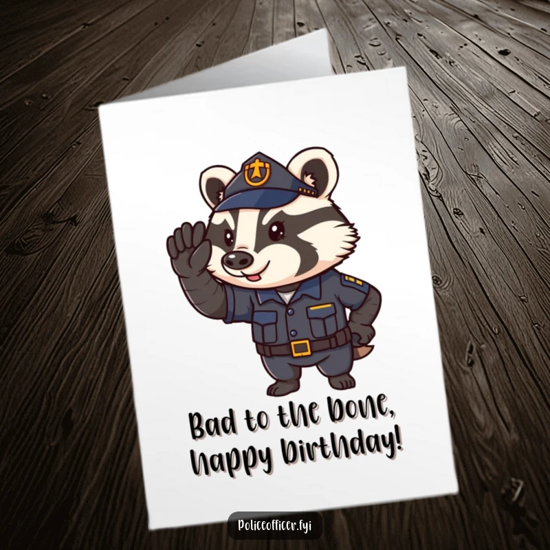 Funny Free Printable Badger Policeman Birthday Card: A determined badger officer salutes proudly, wishing a happy birthday with authority.