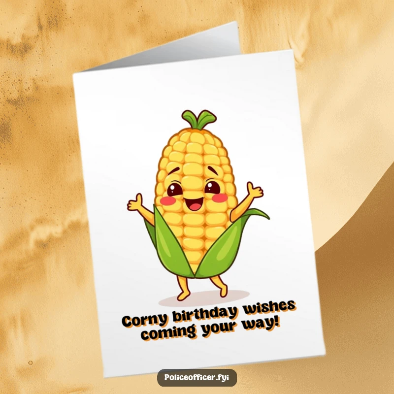 Funny Free Printable Birthday Card: Cheerful corn cob character doing a wildly silly dance, spreading joy and laughter.