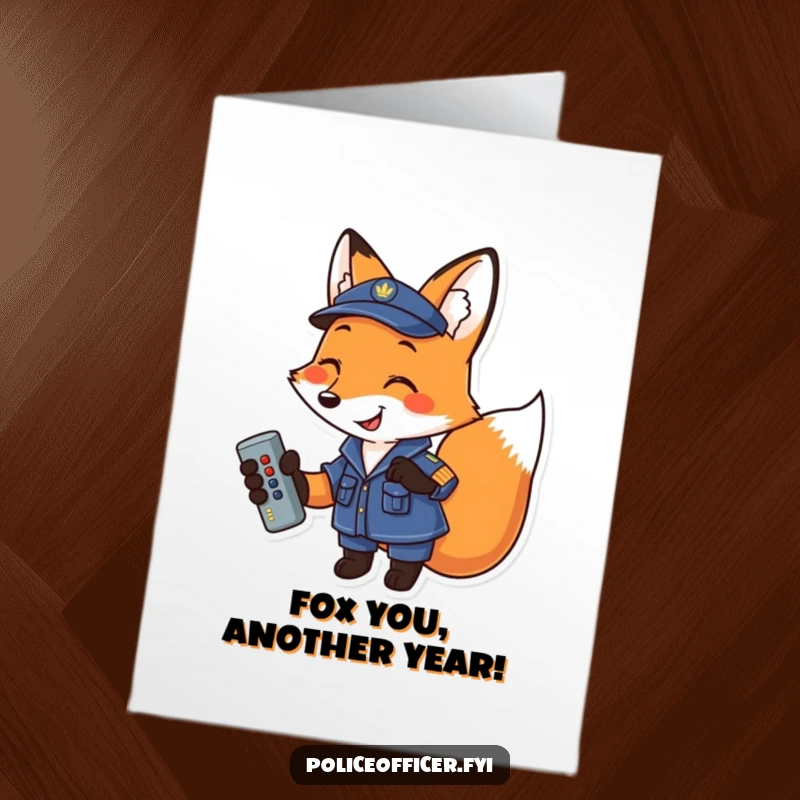 Funny Free Printable Birthday Card: Uniformed fox smiling, holding remote, ready to binge-watch your birthday.