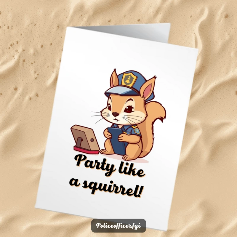 Funny Free Printable birthday card of a squirrel in a police costume intently watching a remote, ready for a DIY gift.