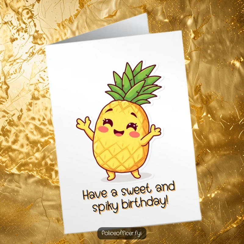 Funny Free Printable Birthday Card: A cheerful pineapple character striking a confident and playful pose, ready to party.