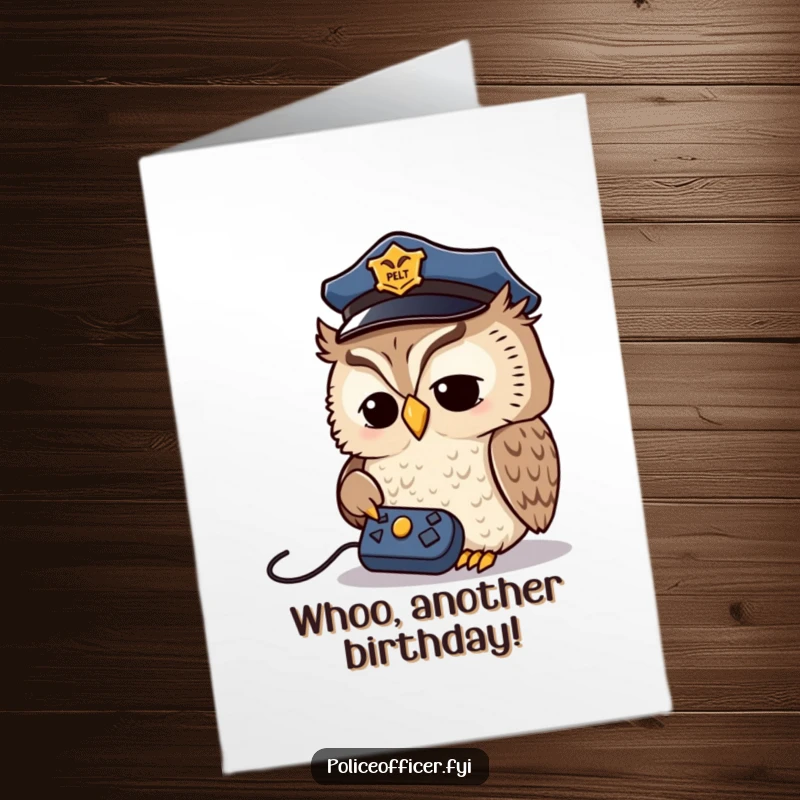 Funny Free Printable Birthday Card: Wise owl in police cap intently studying a remote control.
